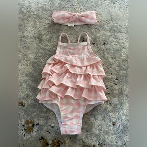 Mudpie Baby Girl Pink White Ruffle Ruffle Swimsuit Size 3-6M
